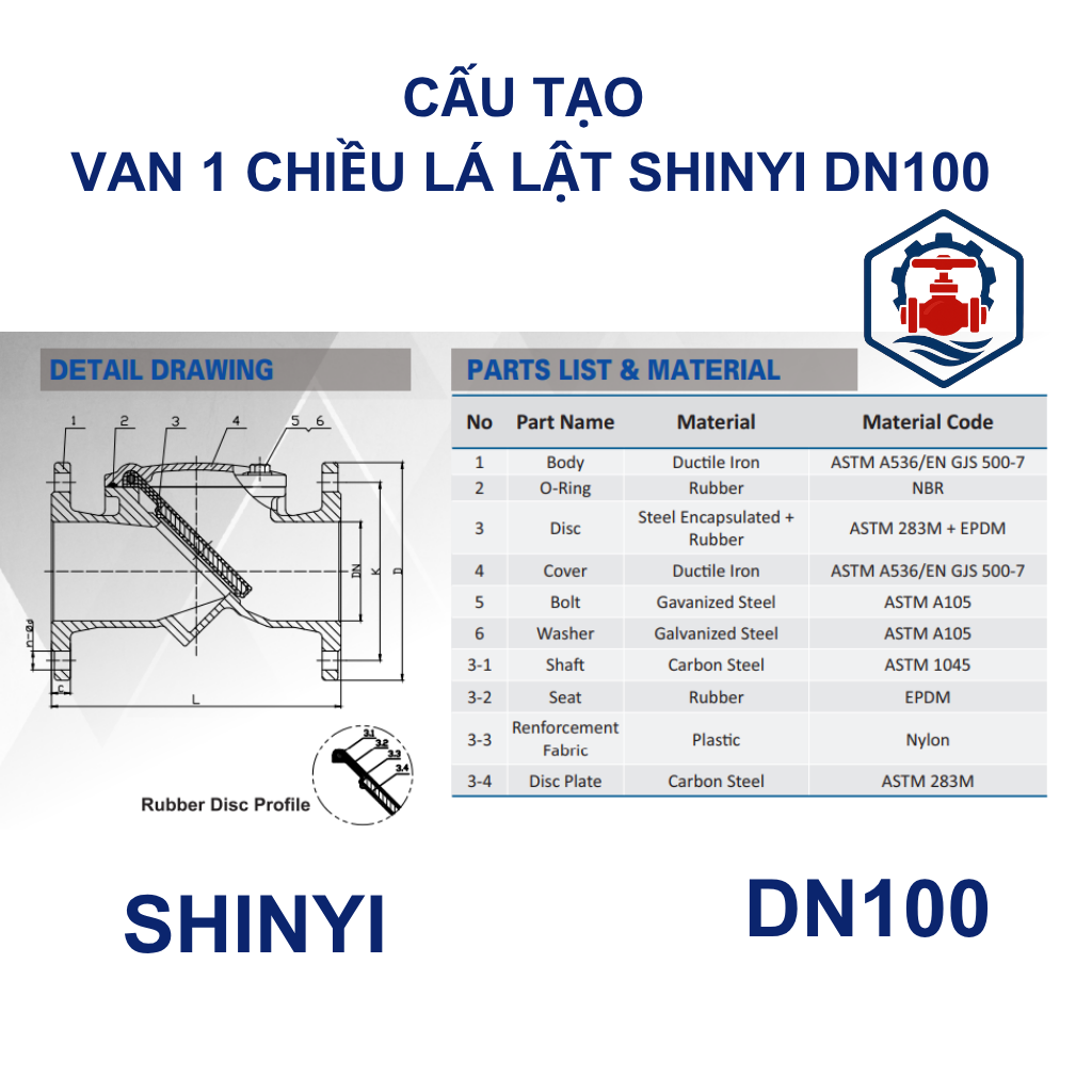 Van 1 chiều lá lật Shinyi DN100 10 Cấu tạo Van 1 chiều lá lật Shinyi DN100