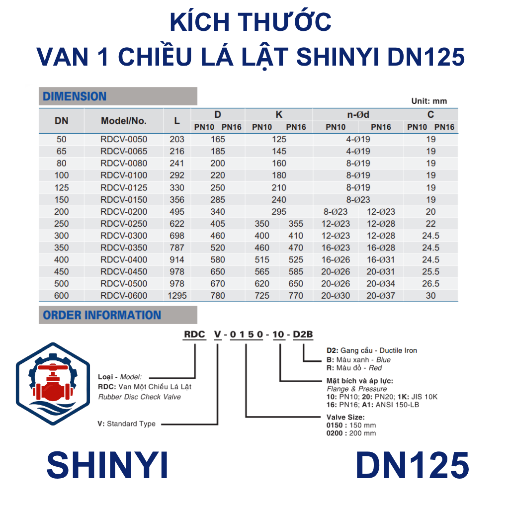 Van 1 chiều lá lật Shinyi DN125 9 Kích thước Van 1 chiều lá lật Shinyi DN125