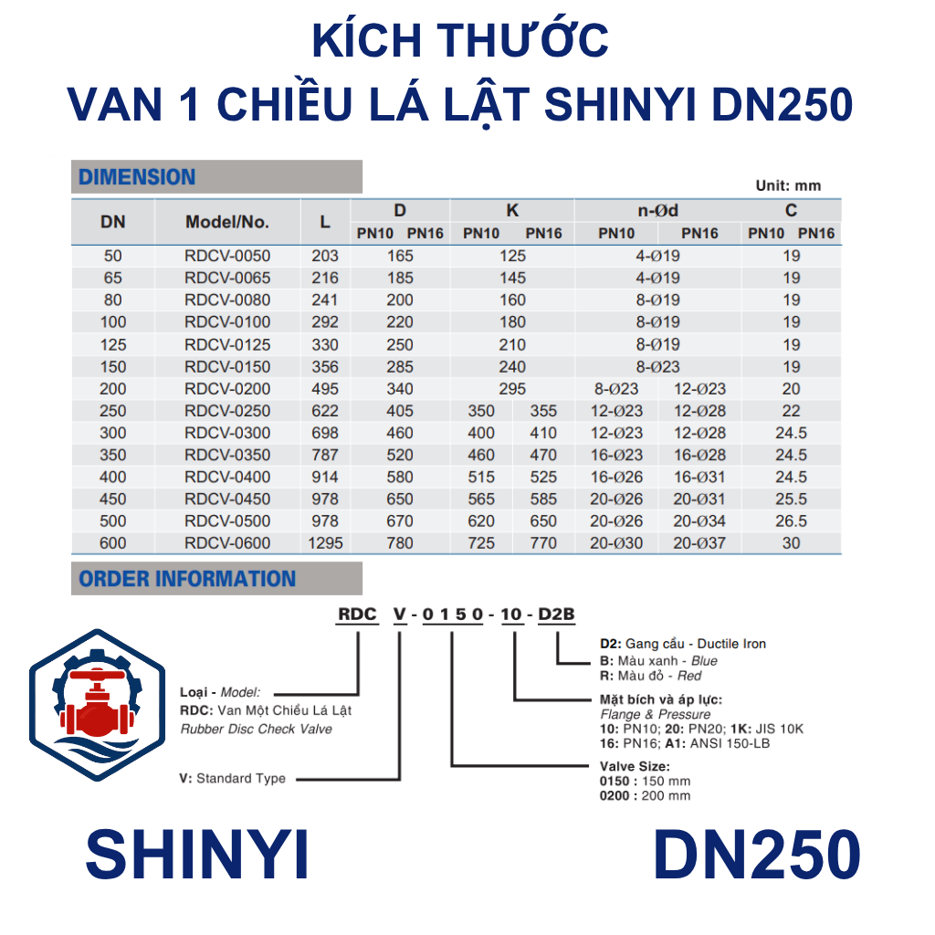 Van 1 chiều lá lật Shinyi DN250 9 Kích thước Van 1 chiều lá lật Shinyi DN250