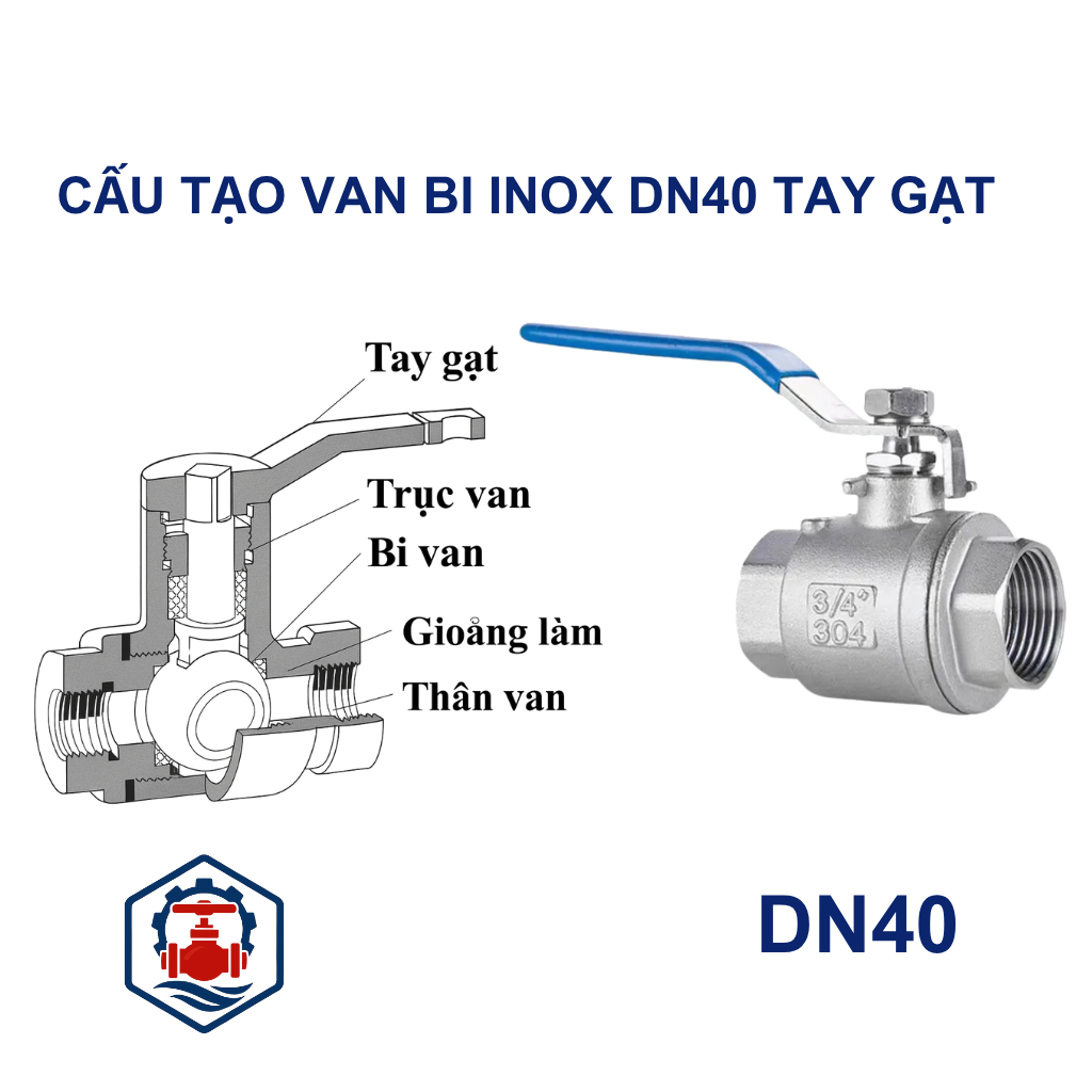 Van bi inox DN40 tay gạt 10 Cấu tạo Van bi inox DN40 tay gạt