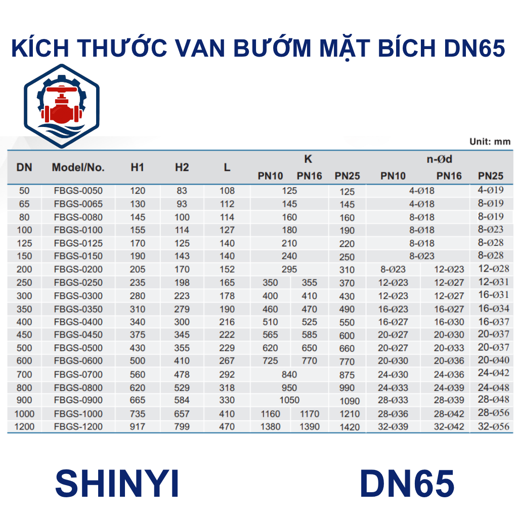 Van bướm mặt bích Shinyi DN65 9 Kích thước Van bướm mặt bích Shinyi DN65