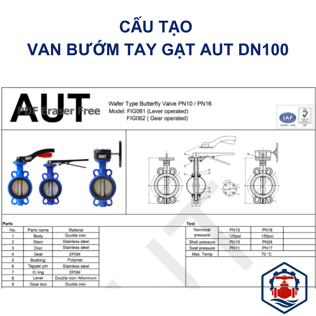 Van bướm tay gạt AUT DN100 12 Van bướm tay gạt AUT DN100