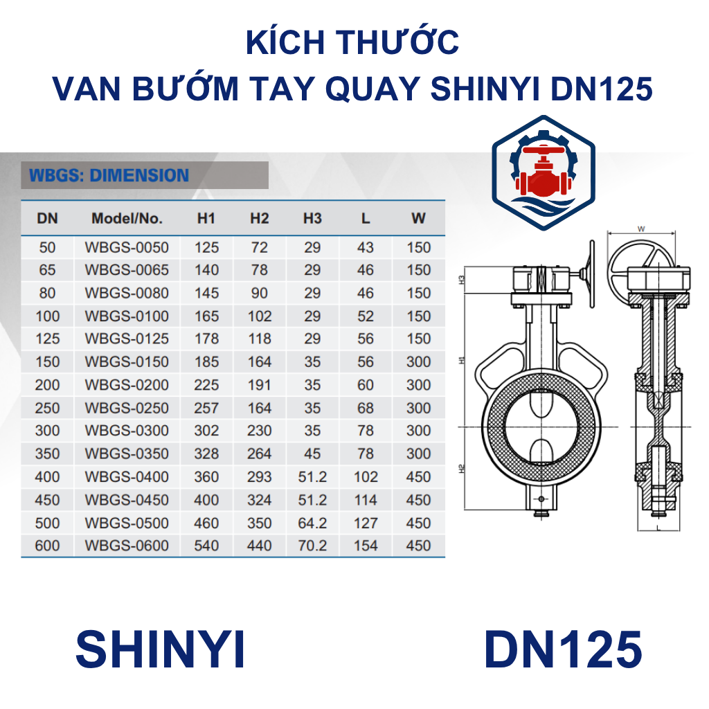 Van bướm tay quay Shinyi DN125 9 Kích thước Van bướm tay quay Shinyi DN125