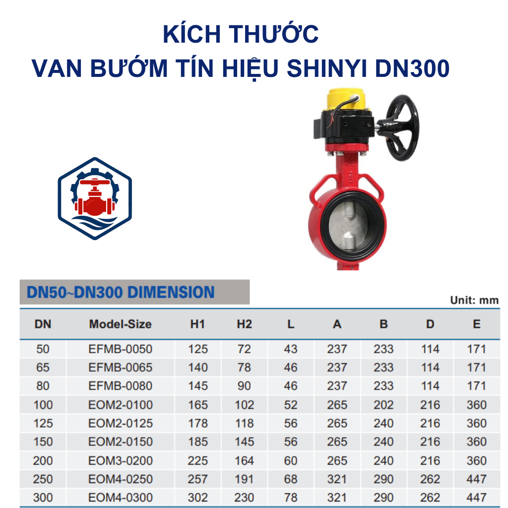 Van bướm tín hiệu Shinyi DN300 7 Kích thước Van bướm tín hiệu Shinyi DN300