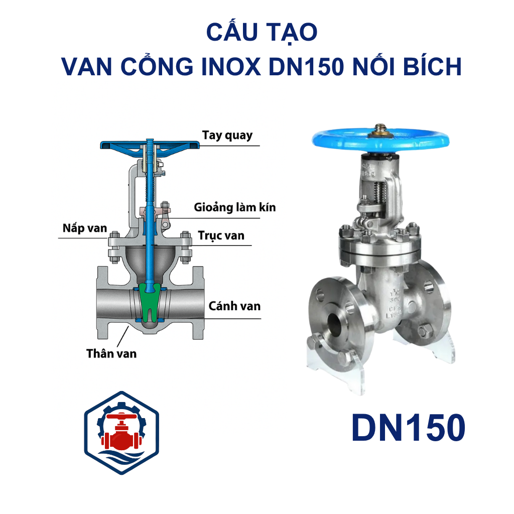 Van cổng inox DN150 nối bích 10 Cấu tạo Van cổng inox DN150 nối bích