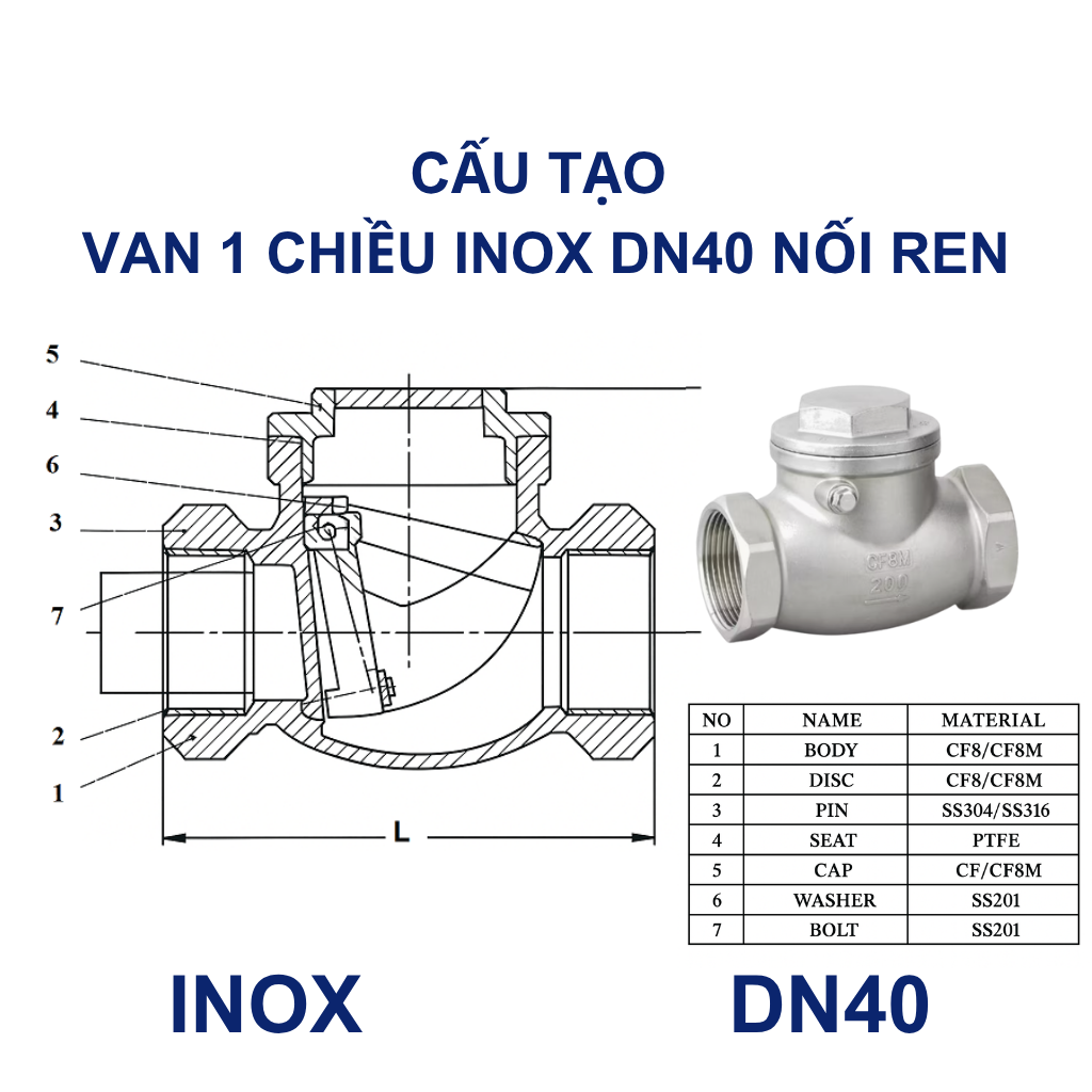 Van 1 chiều lá lật inox DN40 nối ren 10 Van 1 chiều lá lật inox DN40 nối ren