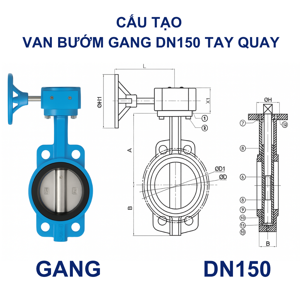 Van bướm gang DN150 tay quay 10 Cấu tạo Van bướm gang DN150 tay quay