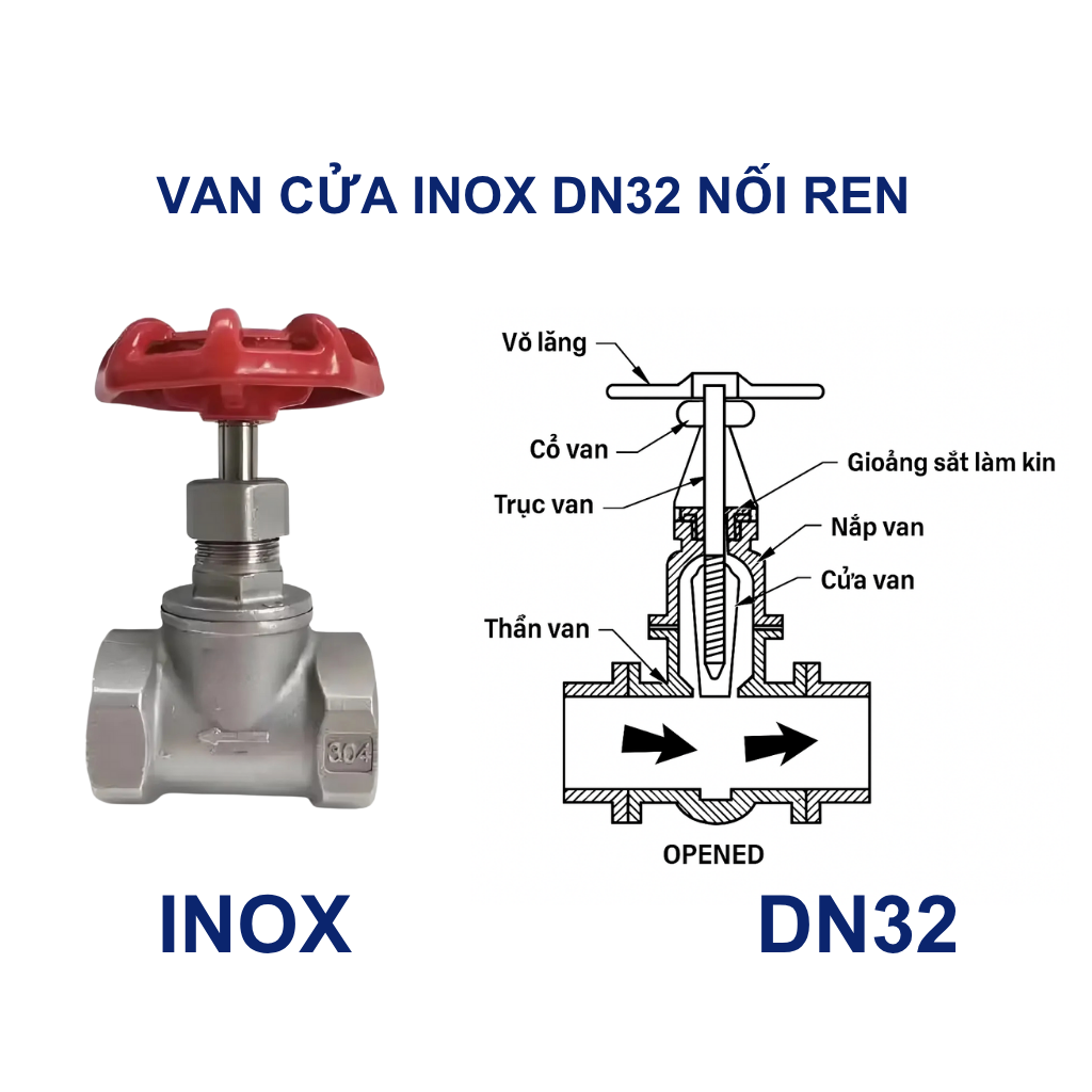 Van cửa inox DN32 nối ren 12 Van cửa inox DN32 nối ren
